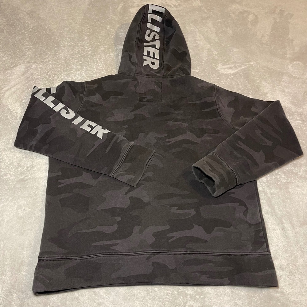 Hollister Mens Camo Hoodie Black Gray Camouflage Logo Graphic Pullover Size M - Picture 4 of 13